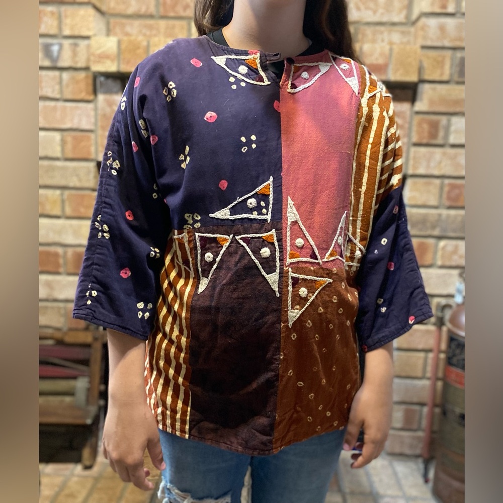 Handcrafted Ethnic Patchwork Tunic - Quilted Embroidered Wearable Art - Size M